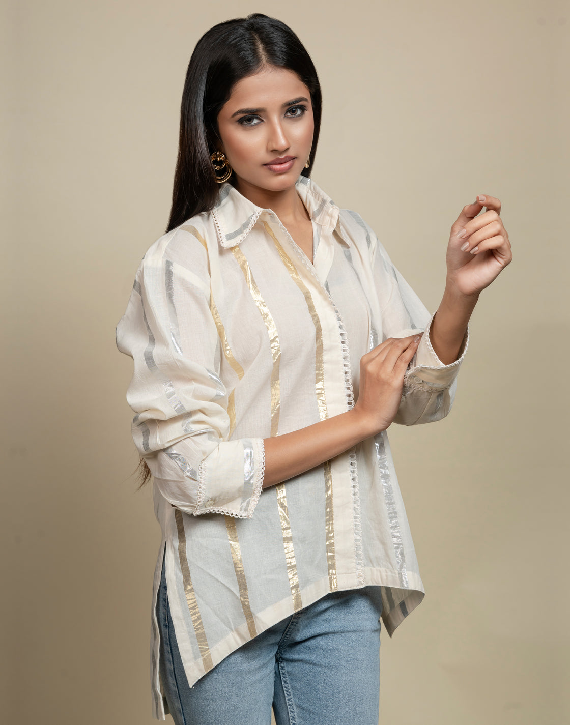 Striped Shirt with Patchwork Embroidery