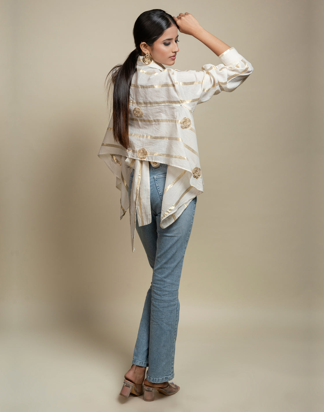 Gold Striped Watefall Back Tie-up Shirt