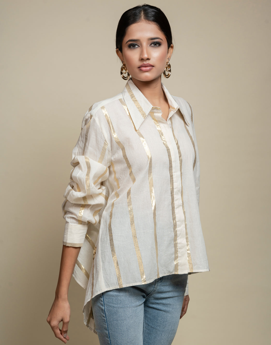 Gold Striped Watefall Back Tie-up Shirt