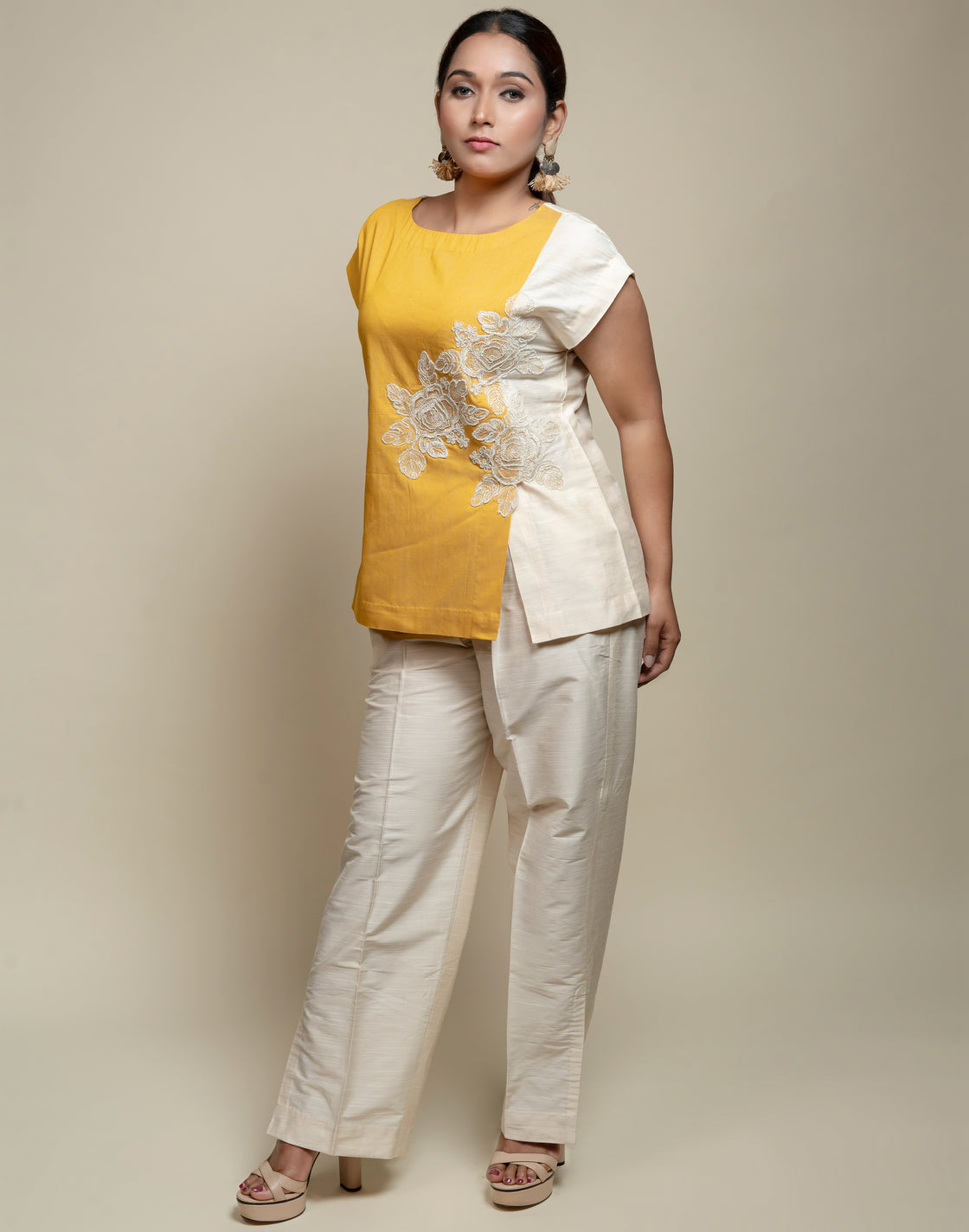 Colorblock Co-ord set with Floral Embroidery