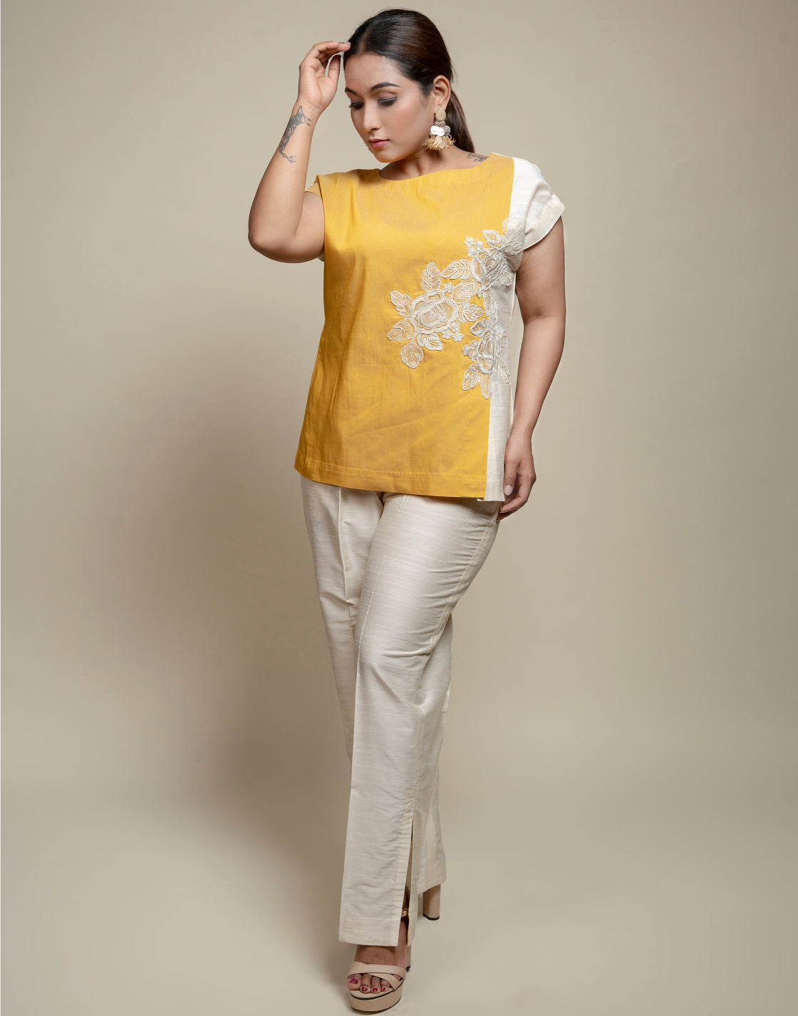 Colorblock Co-ord set with Floral Embroidery