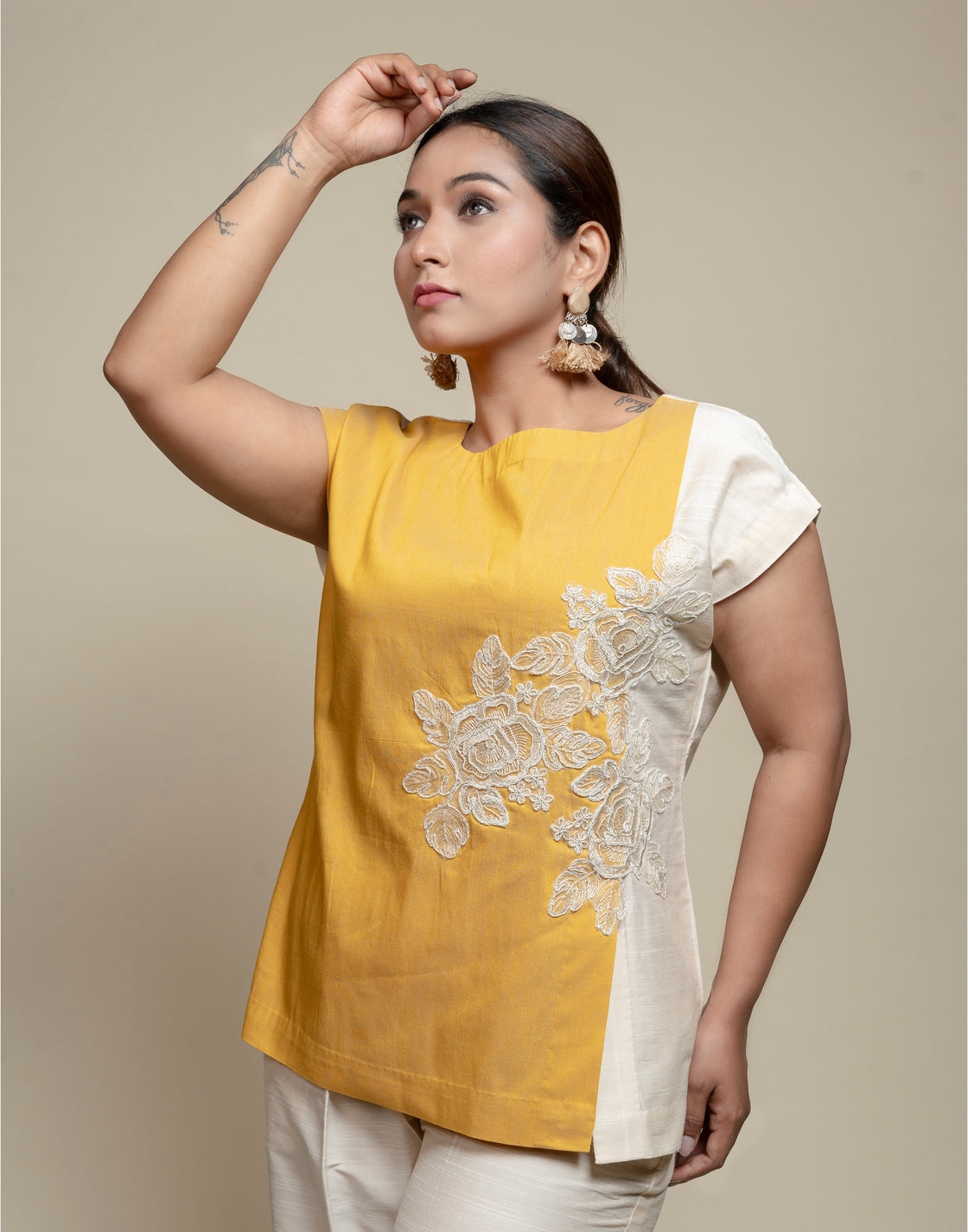 Colorblock Co-ord set with Floral Embroidery