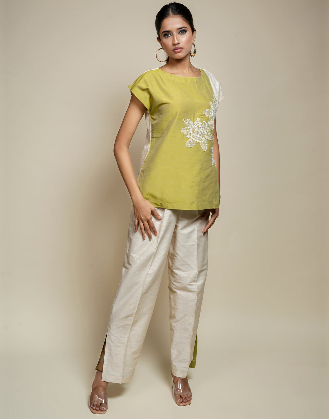 Colorblock Co-ord set with Floral Embroidery