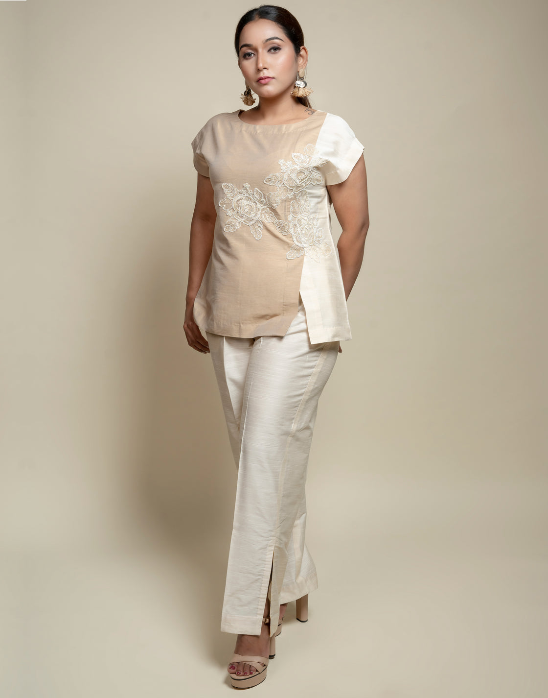 Colorblock Co-ord set with Floral Embroidery